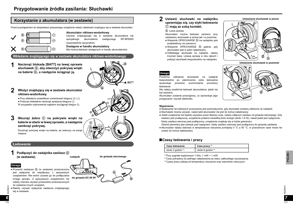 Przygotowanie źródła zasilania: słuchawki, Korzystanie z akumulatora (w zestawie) | Panasonic RPWF6000 User Manual | Page 86 / 113