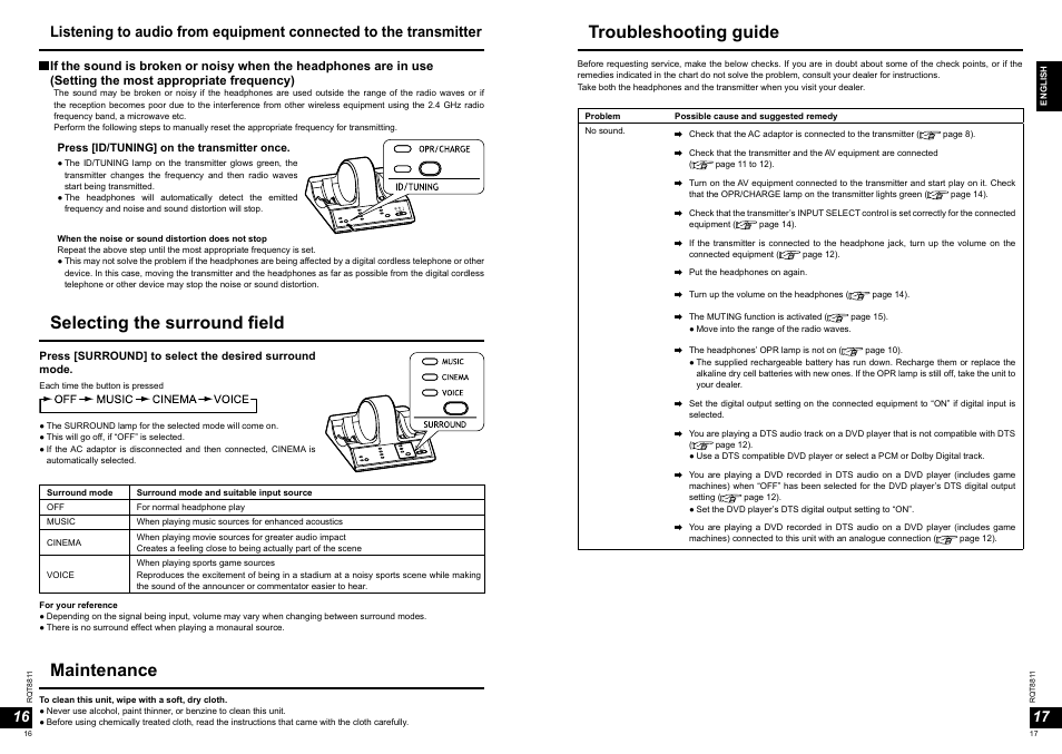 Selecting the surround field, Maintenance, Troubleshooting guide | Panasonic RPWF6000 User Manual | Page 9 / 113
