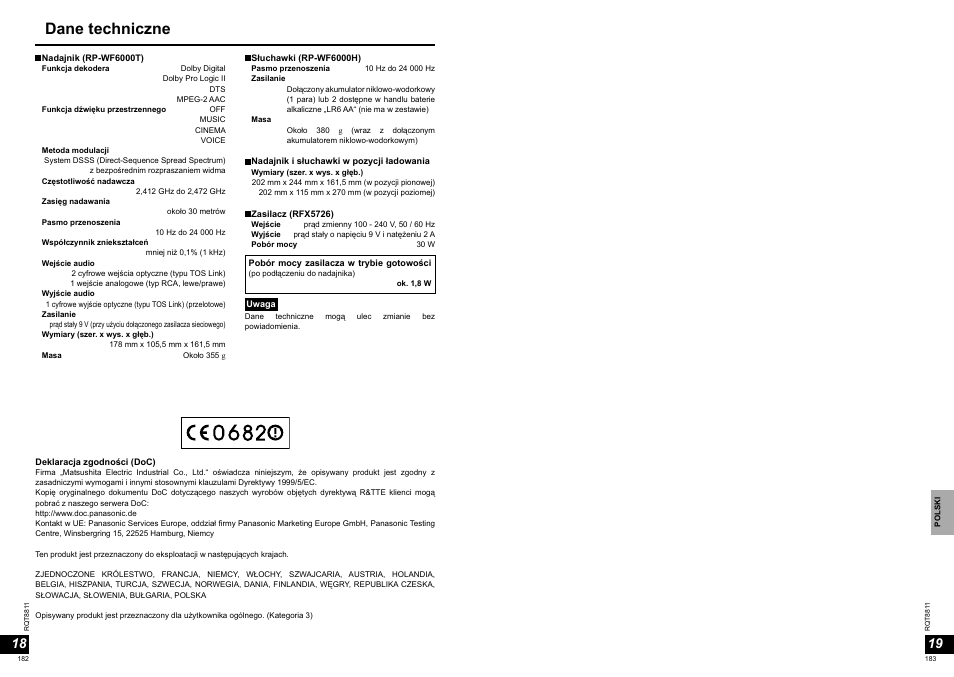 Dane techniczne | Panasonic RPWF6000 User Manual | Page 92 / 113