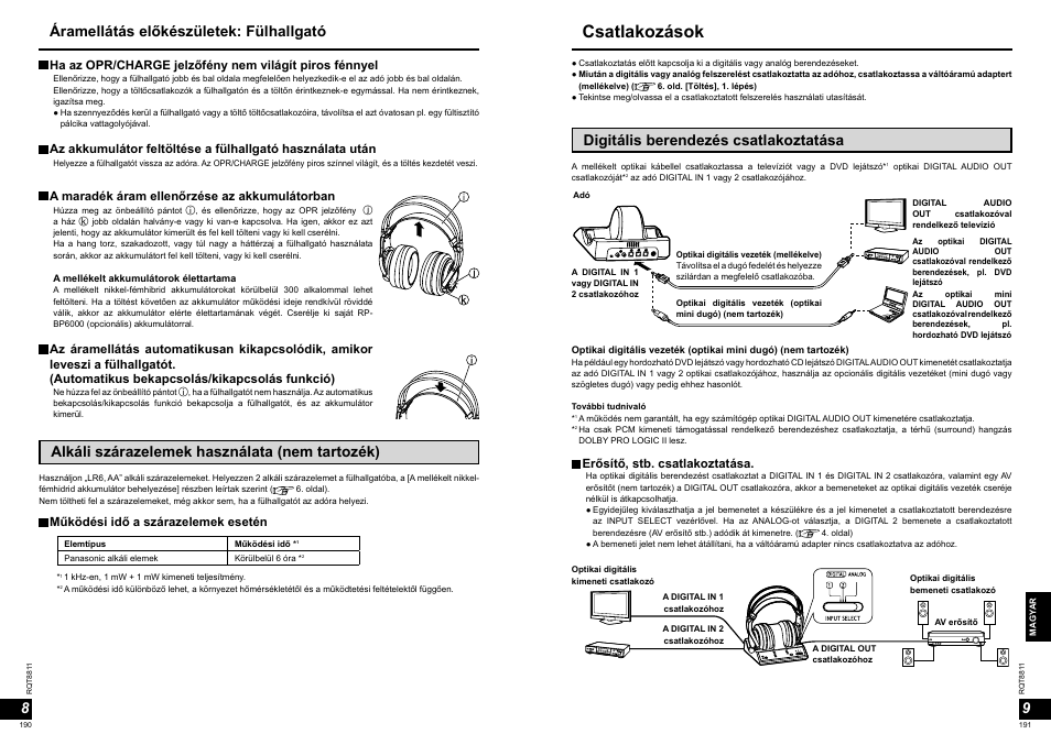 Csatlakozások, Alkáli szárazelemek használata (nem tartozék), Digitális berendezés csatlakoztatása | Áramellátás előkészületek: fülhallgató, Működési idő a szárazelemek esetén, Erősítő, stb. csatlakoztatása, A maradék áram ellenőrzése az akkumulátorban | Panasonic RPWF6000 User Manual | Page 96 / 113