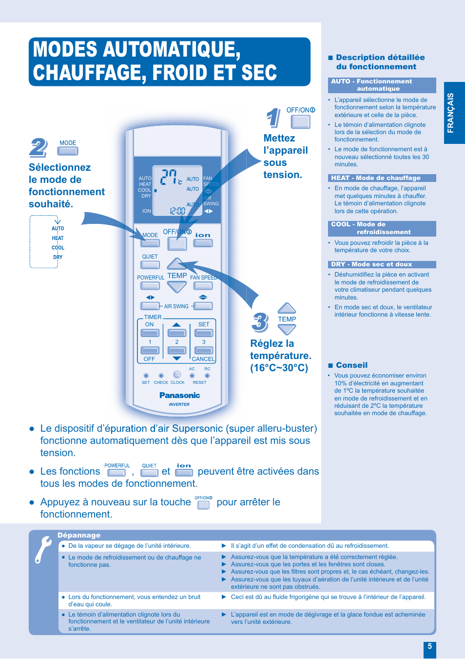 Modes automatique, chauffage, froid et sec | Panasonic CUE28EKE User Manual | Page 5 / 12