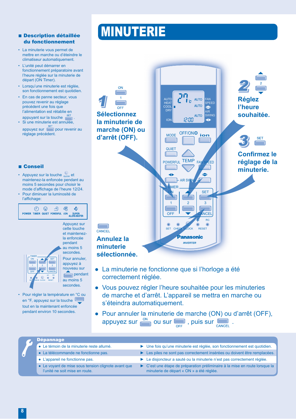 Minuterie, Réglez l’heure souhaitée, Confi rmez le réglage de la minuterie | Annulez la minuterie sélectionnée | Panasonic CUE28EKE User Manual | Page 8 / 12
