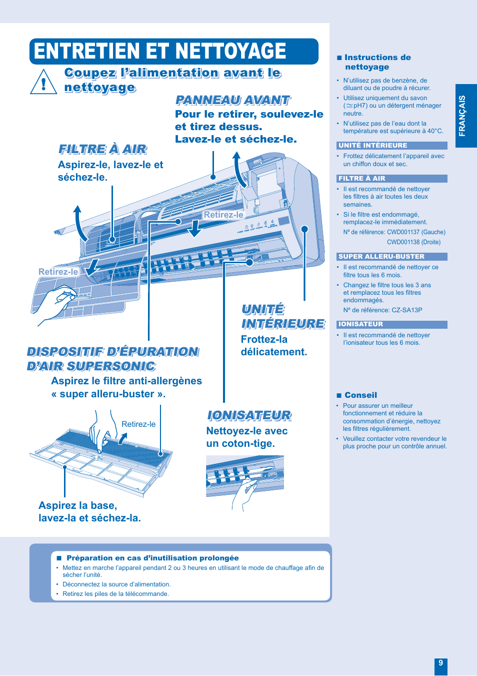 Entretien et nettoyage, Panneau avant, Ionisateur | Coupez l’alimentation avant le | Panasonic CUE28EKE User Manual | Page 9 / 12