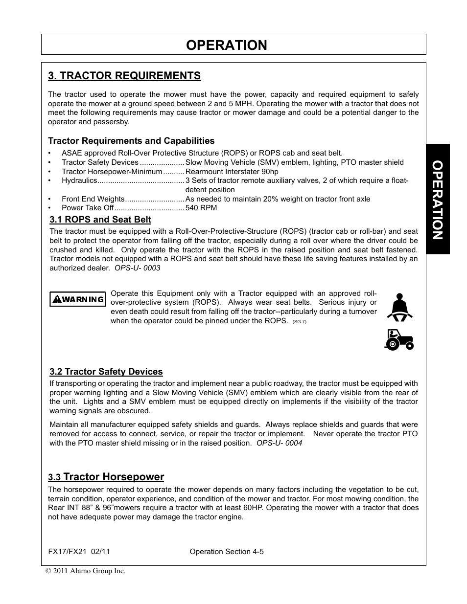 Tractor requirements, Tractor requirements and capabilities, 1 rops and seat belt | 2 tractor safety devices, 3 tractor horsepower, Operation, Opera t ion, Tractor horsepower | Alamo RHINO FX21 User Manual | Page 103 / 156