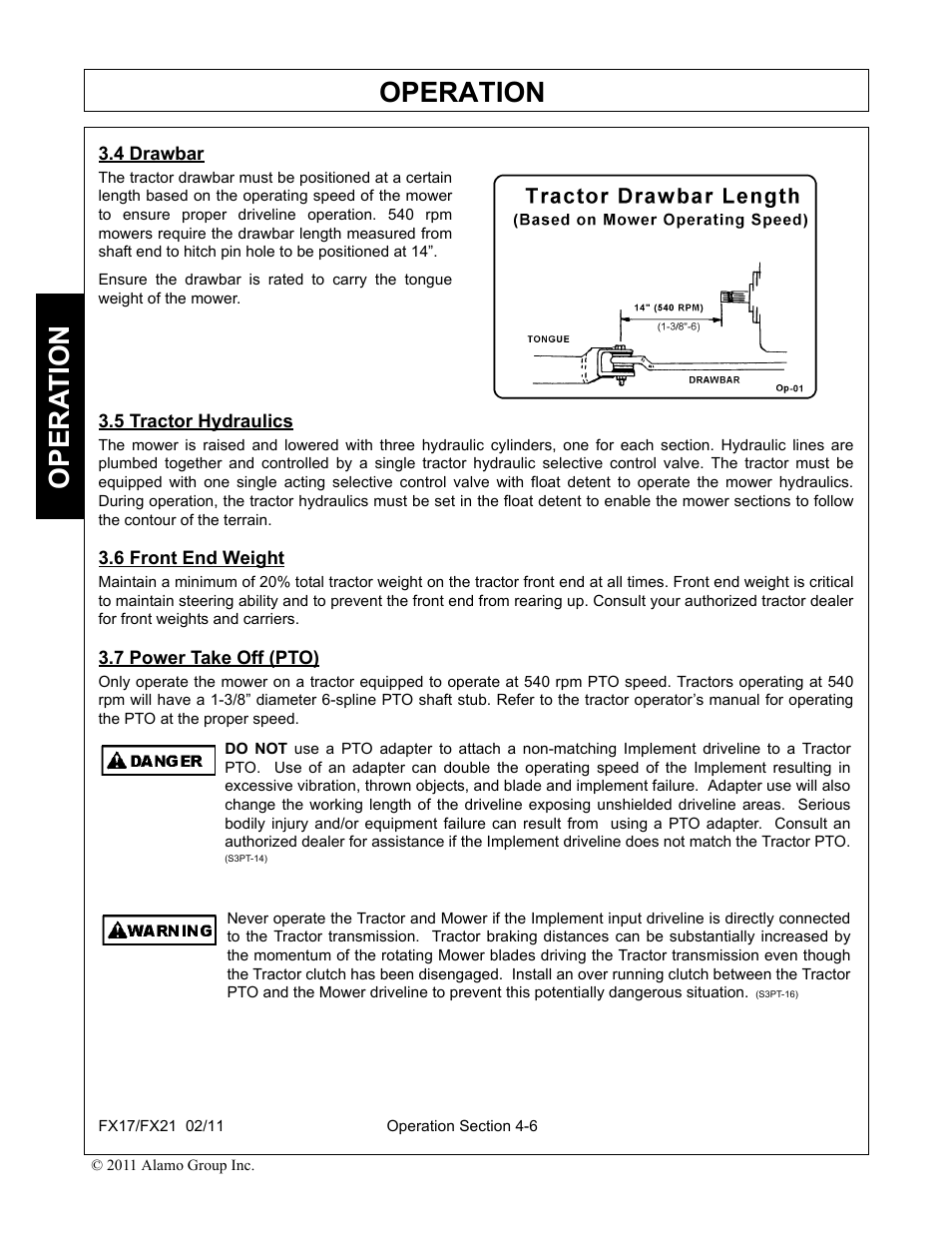 4 drawbar, 5 tractor hydraulics, 6 front end weight | 7 power take off (pto), Operation, Opera t ion | Alamo RHINO FX21 User Manual | Page 104 / 156