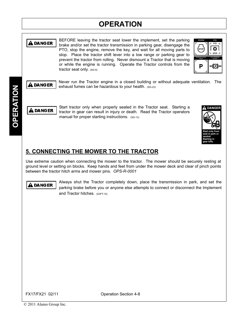 Connecting the mower to the tractor, Connecting the mower to the tractor -8, Operation | Opera t ion | Alamo RHINO FX21 User Manual | Page 106 / 156