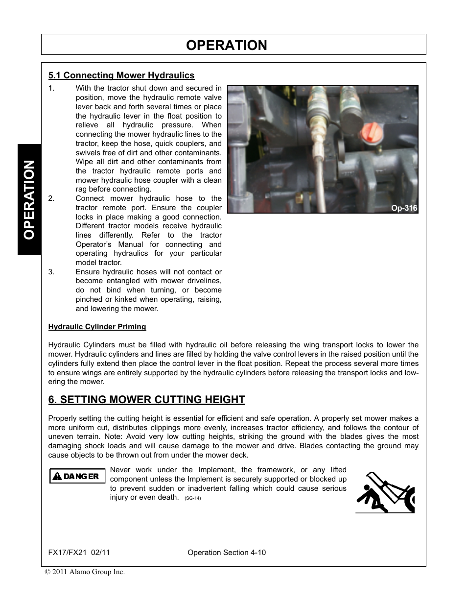 1 connecting mower hydraulics, Setting mower cutting height, Setting mower cutting height -10 | Operation, Opera t ion | Alamo RHINO FX21 User Manual | Page 108 / 156