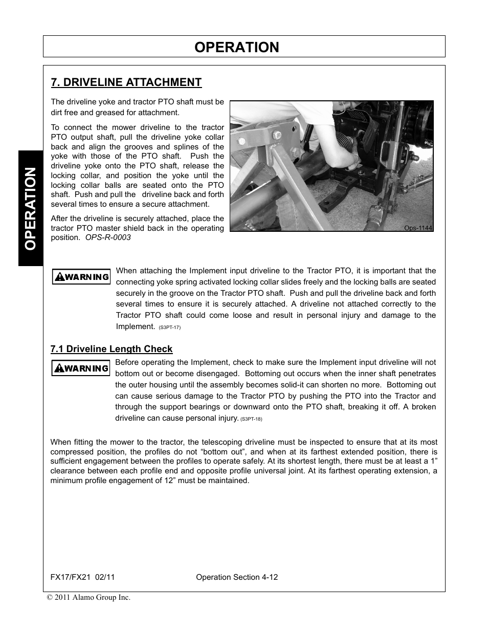 Driveline attachment, 1 driveline length check, Operation | Opera t ion | Alamo RHINO FX21 User Manual | Page 110 / 156