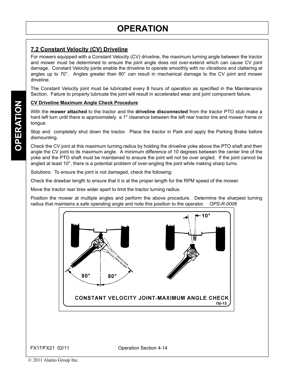 2 constant velocity (cv) driveline, Constant velocity (cv) driveline -14, Operation | Opera t ion | Alamo RHINO FX21 User Manual | Page 112 / 156