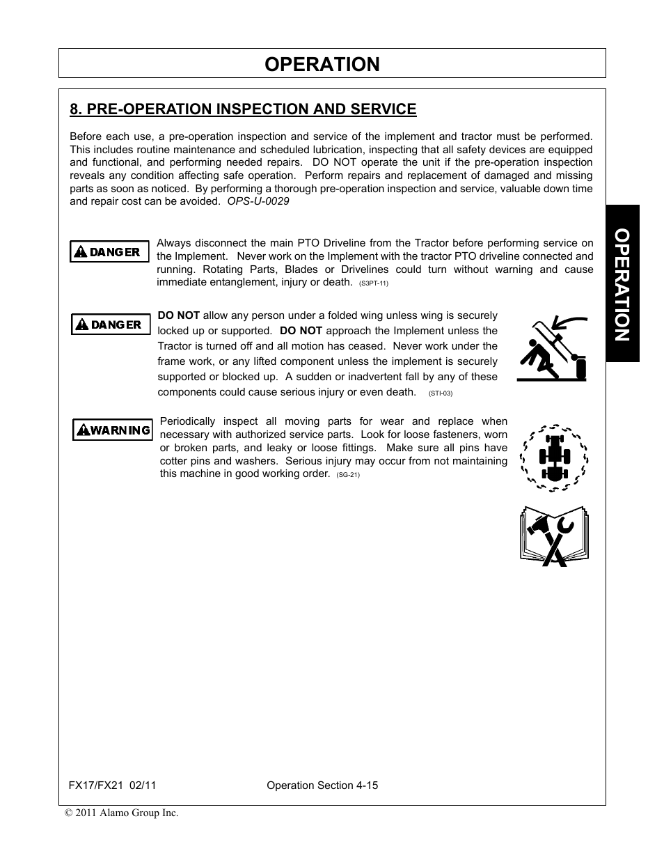 Pre-operation inspection and service, Pre-operation inspection and service -15, Operation | Opera t ion | Alamo RHINO FX21 User Manual | Page 113 / 156