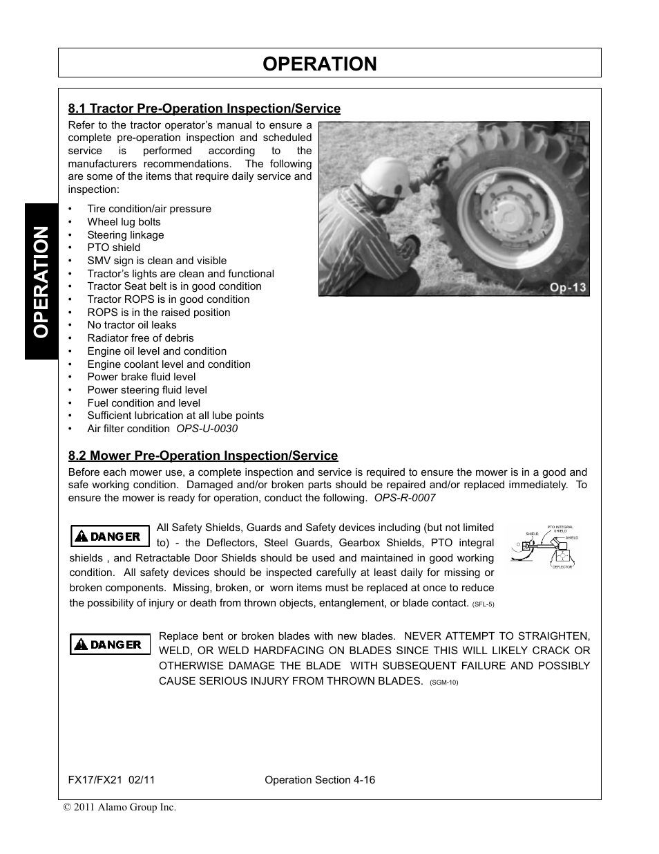 1 tractor pre-operation inspection/service, 2 mower pre-operation inspection/service, Operation | Opera t ion | Alamo RHINO FX21 User Manual | Page 114 / 156