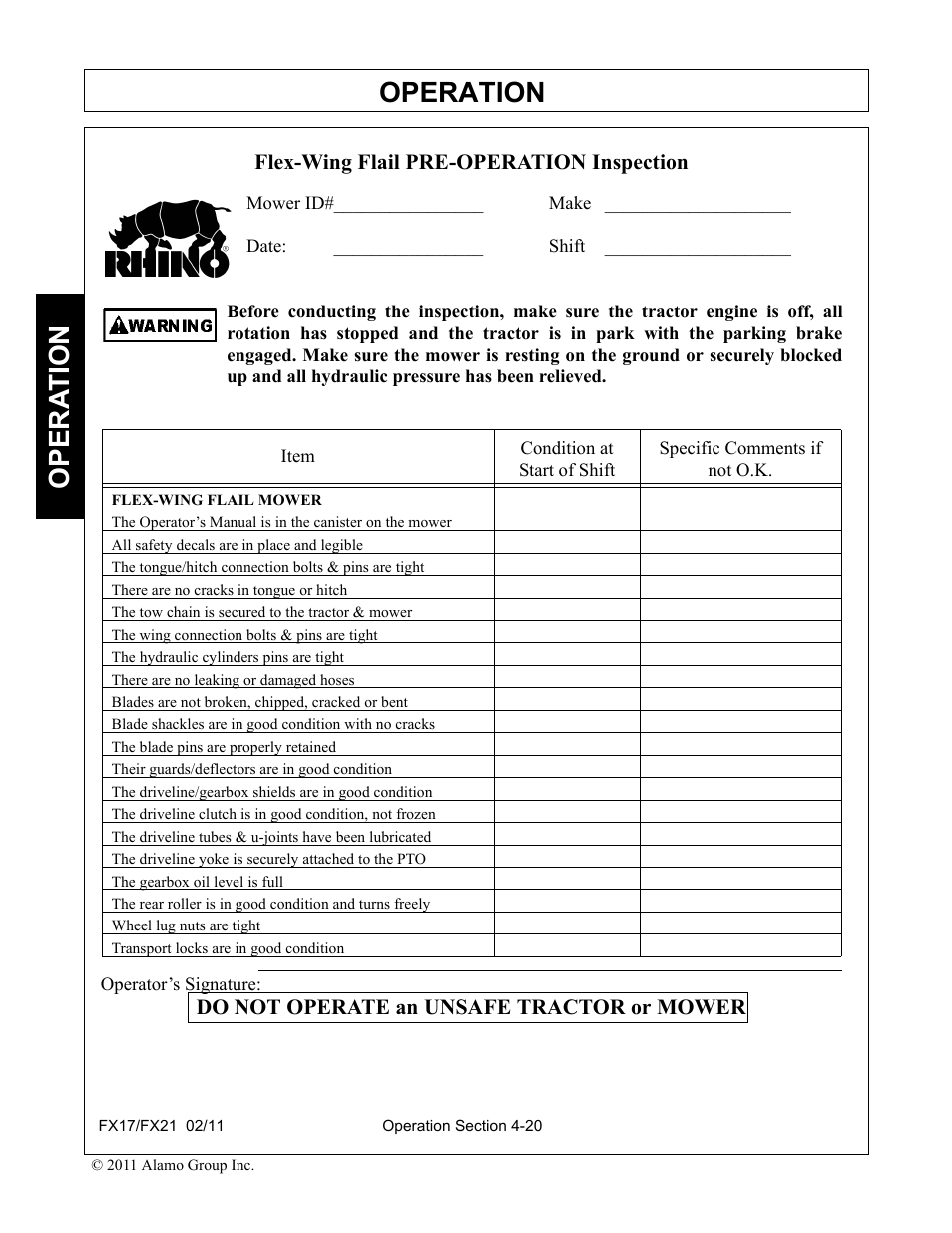 Operation, Opera t ion | Alamo RHINO FX21 User Manual | Page 118 / 156