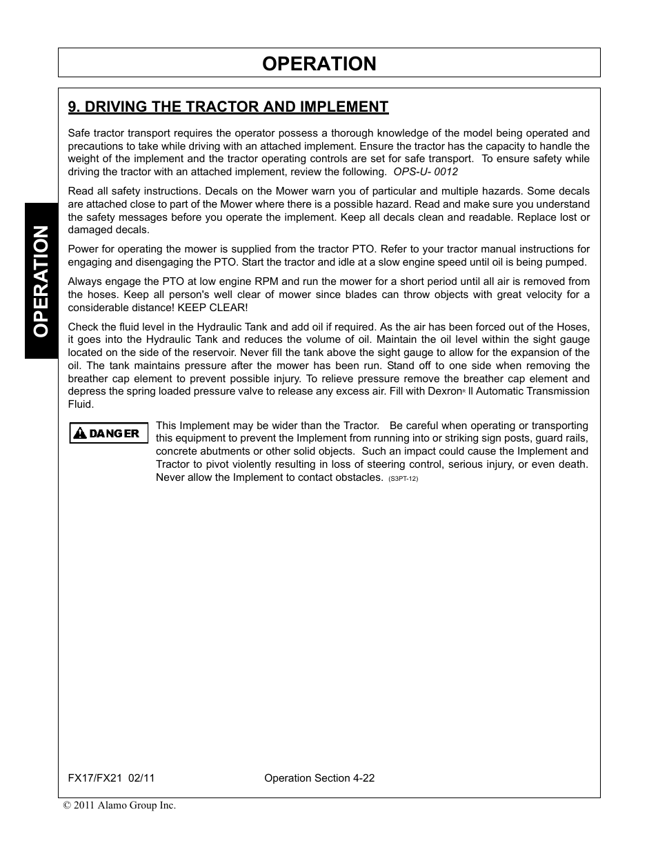 Driving the tractor and implement, Driving the tractor and implement -22, Operation | Opera t ion | Alamo RHINO FX21 User Manual | Page 120 / 156