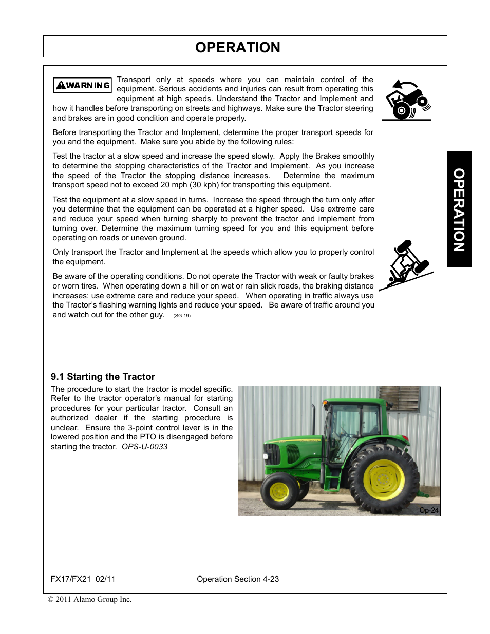 1 starting the tractor, Starting the tractor -23, Operation | Opera t ion | Alamo RHINO FX21 User Manual | Page 121 / 156