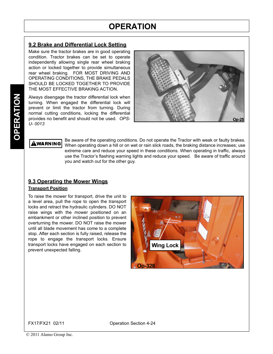 2 brake and differential lock setting, 3 operating the mower wings, Operation | Opera t ion | Alamo RHINO FX21 User Manual | Page 122 / 156