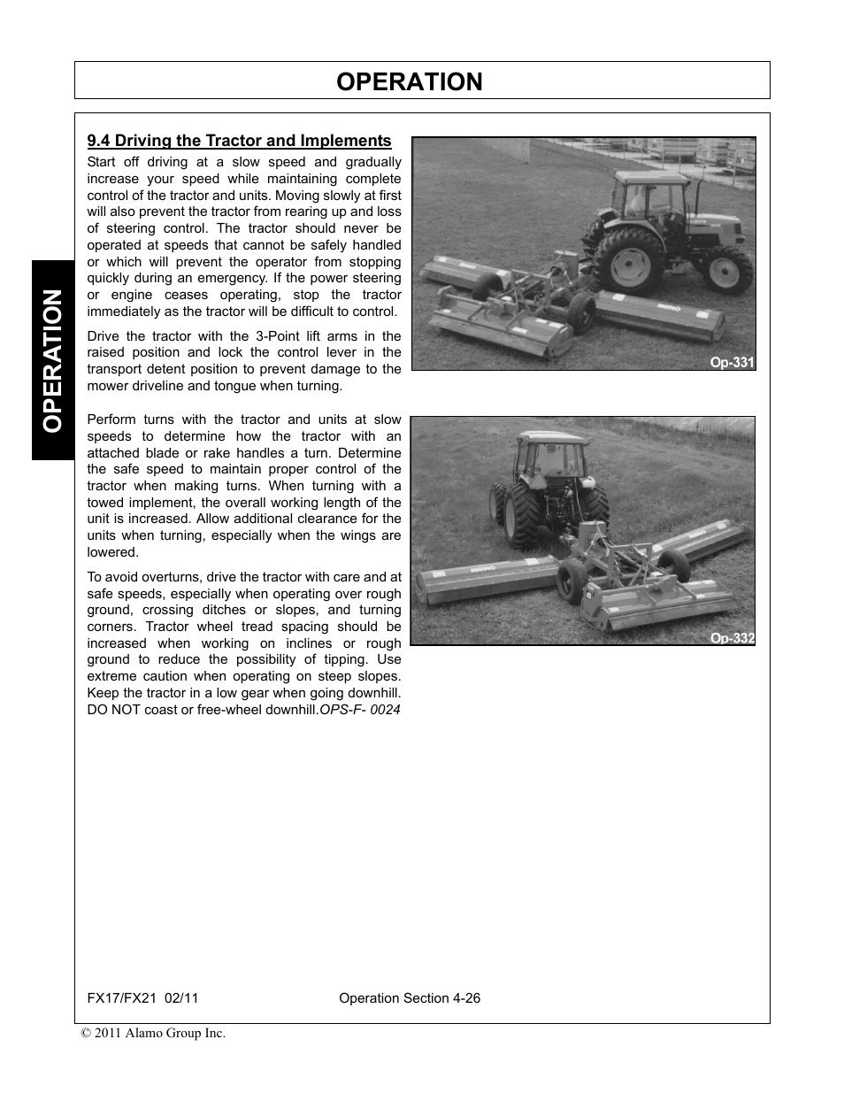 4 driving the tractor and implements, Driving the tractor and implements -26, Operation | Opera t ion | Alamo RHINO FX21 User Manual | Page 124 / 156