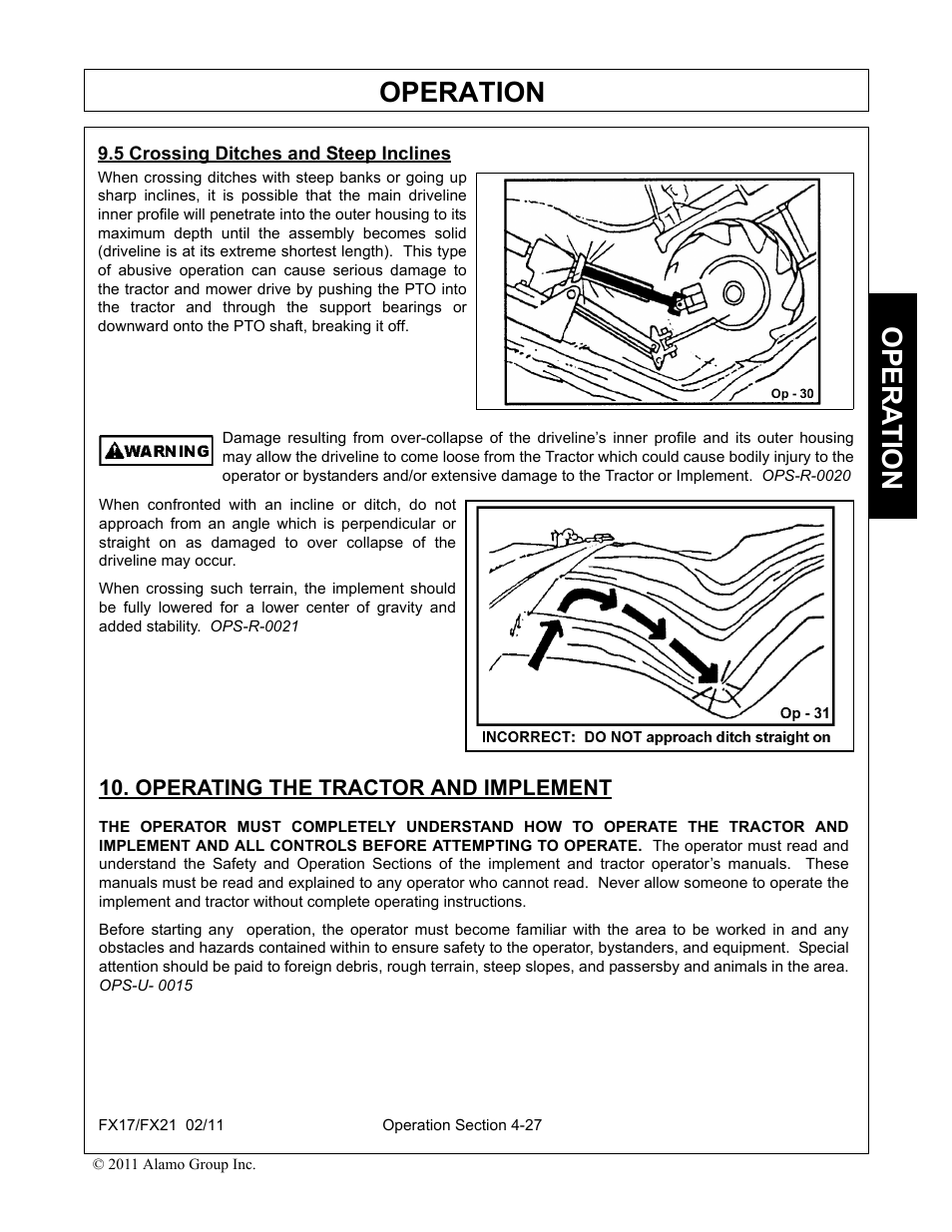 5 crossing ditches and steep inclines, Operating the tractor and implement, Operation | Opera t ion | Alamo RHINO FX21 User Manual | Page 125 / 156