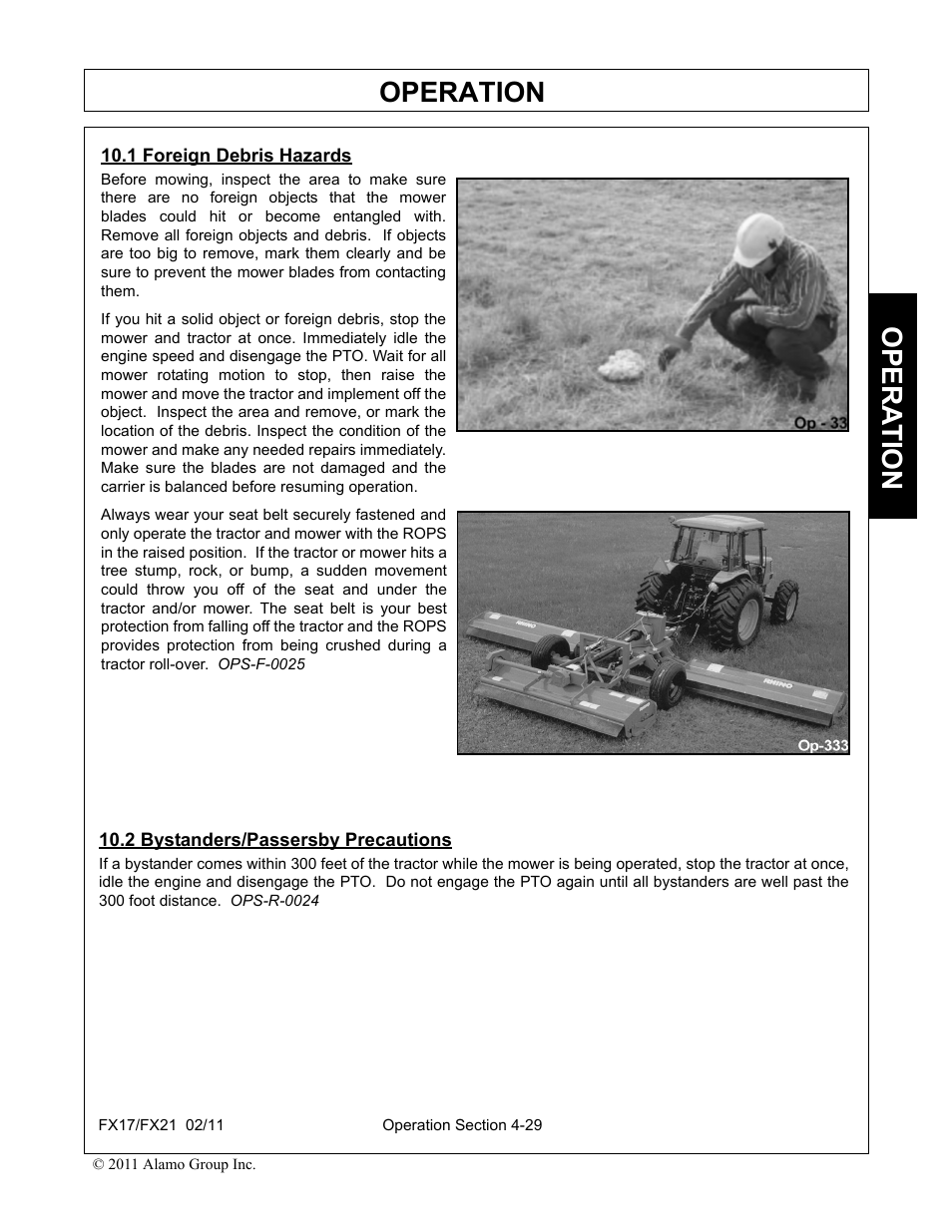 1 foreign debris hazards, 2 bystanders/passersby precautions, Operation | Opera t ion | Alamo RHINO FX21 User Manual | Page 127 / 156