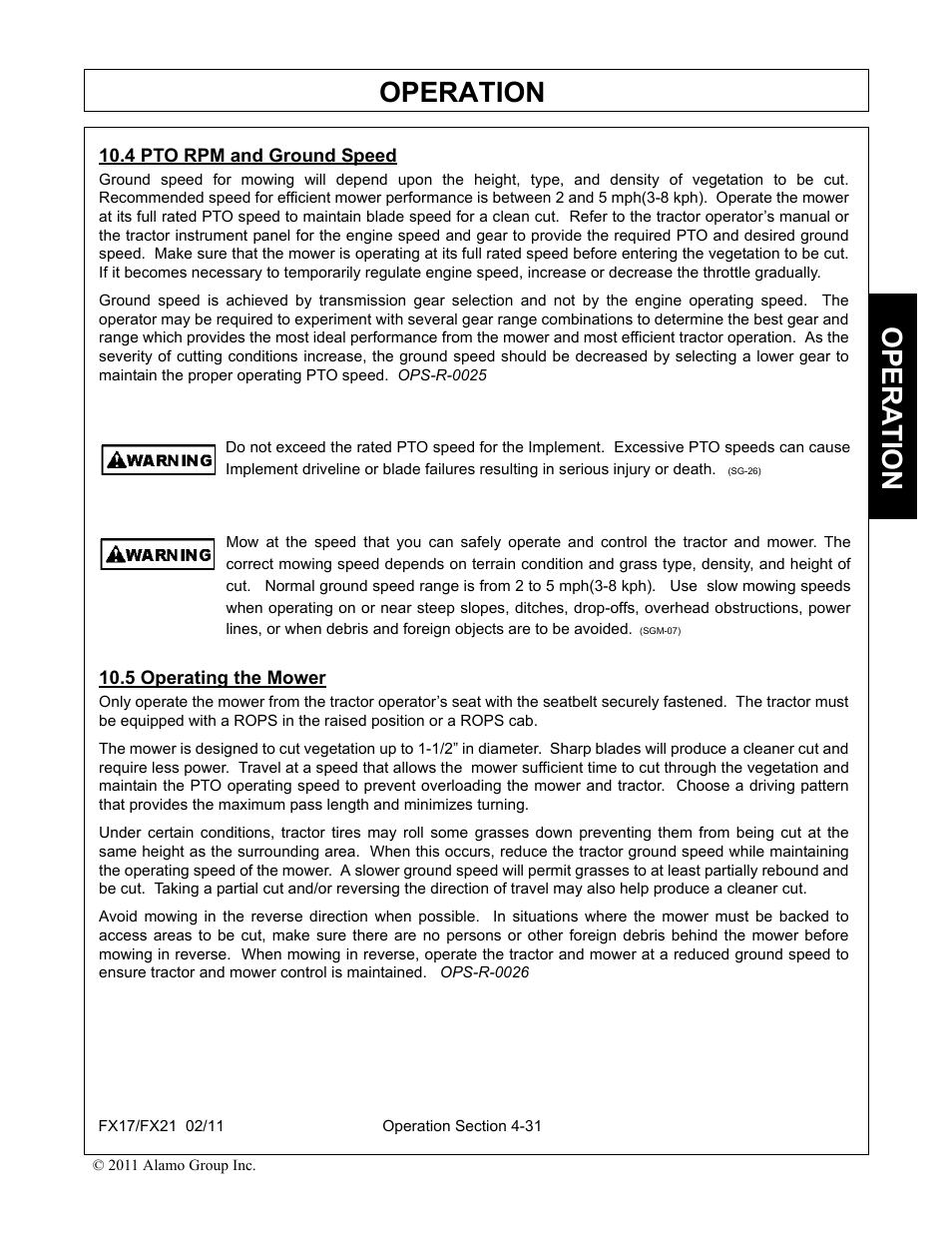 4 pto rpm and ground speed, 5 operating the mower, Operation | Opera t ion | Alamo RHINO FX21 User Manual | Page 129 / 156