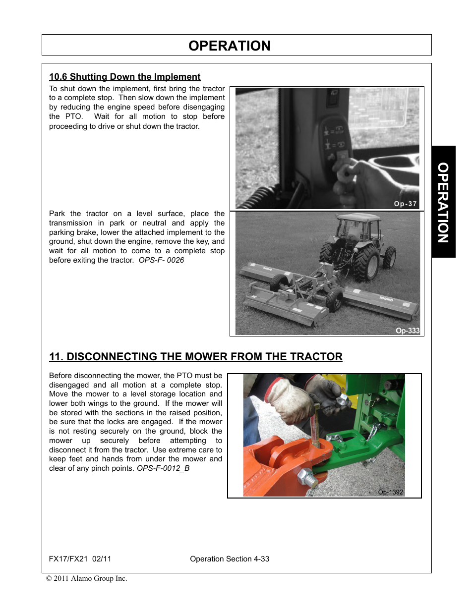 6 shutting down the implement, Disconnecting the mower from the tractor, Operation | Opera t ion | Alamo RHINO FX21 User Manual | Page 131 / 156