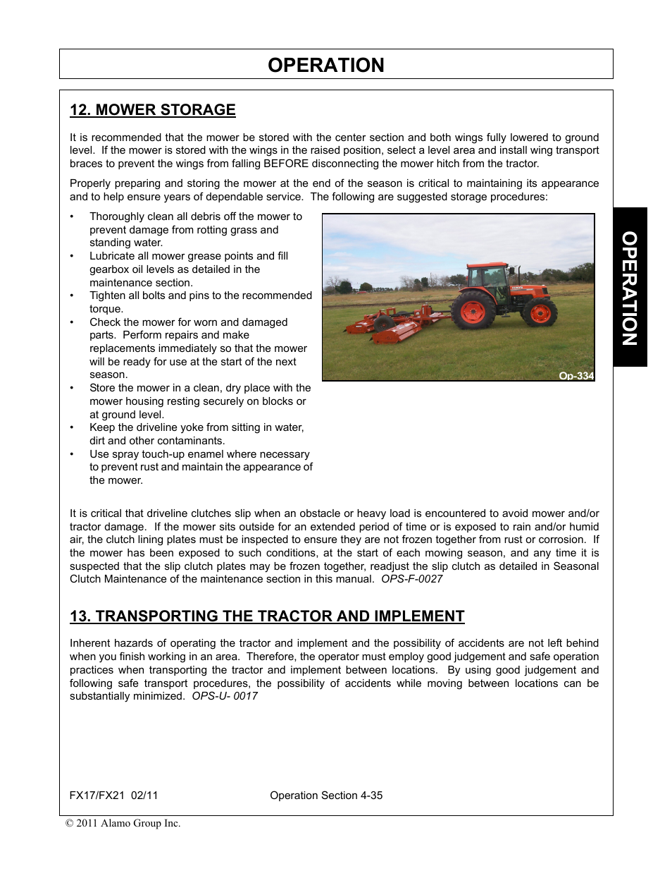Mower storage, Transporting the tractor and implement, Operation | Opera t ion | Alamo RHINO FX21 User Manual | Page 133 / 156