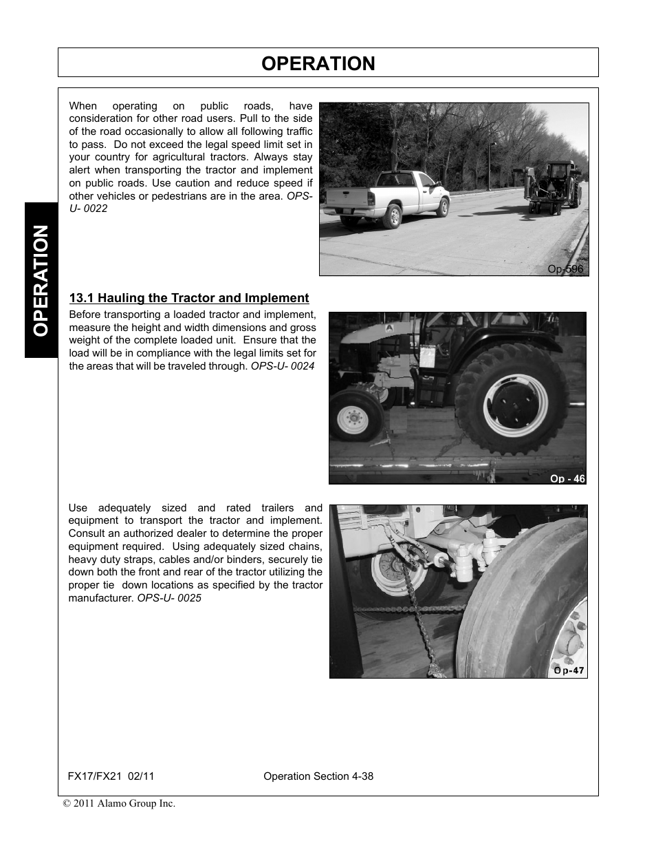 1 hauling the tractor and implement, Hauling the tractor and implement -38, Operation | Opera t ion | Alamo RHINO FX21 User Manual | Page 136 / 156