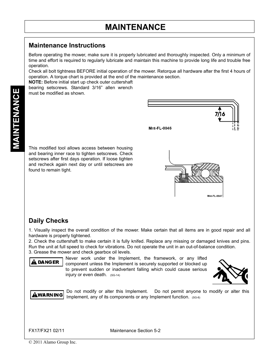 Maintenance instructions, Daily checks, Maintenance instructions -2 daily checks -2 | Maintenance | Alamo RHINO FX21 User Manual | Page 142 / 156
