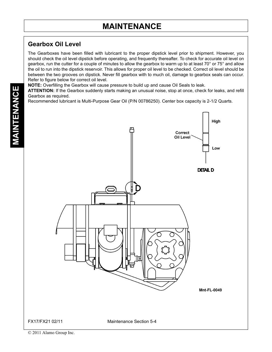 Gearbox oil level, Gearbox oil level -4, Maintenance | Alamo RHINO FX21 User Manual | Page 144 / 156