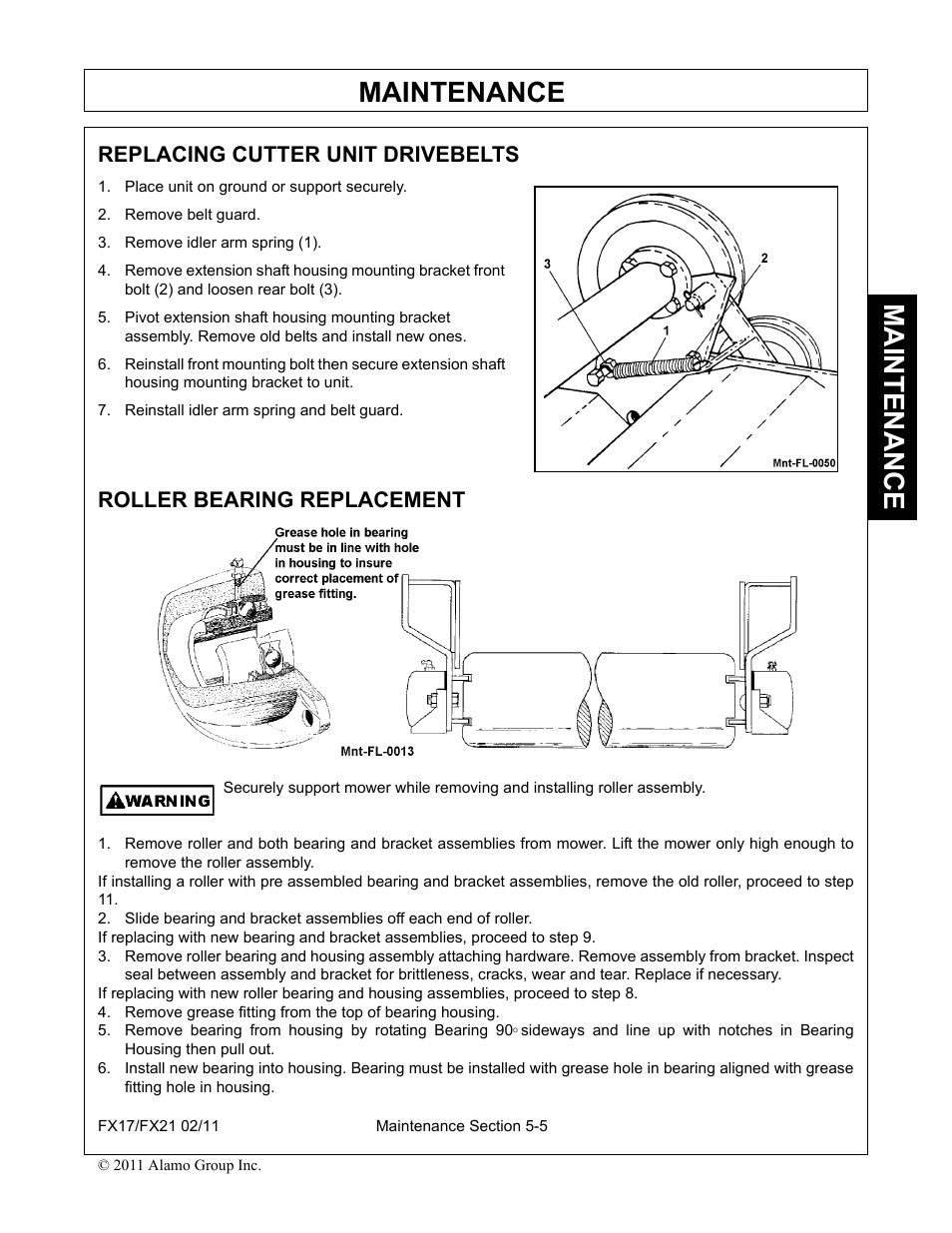 Replacing cutter unit drivebelts, Place unit on ground or support securely, Remove belt guard | Remove idler arm spring (1), Reinstall idler arm spring and belt guard, Roller bearing replacement, Maintenance | Alamo RHINO FX21 User Manual | Page 145 / 156