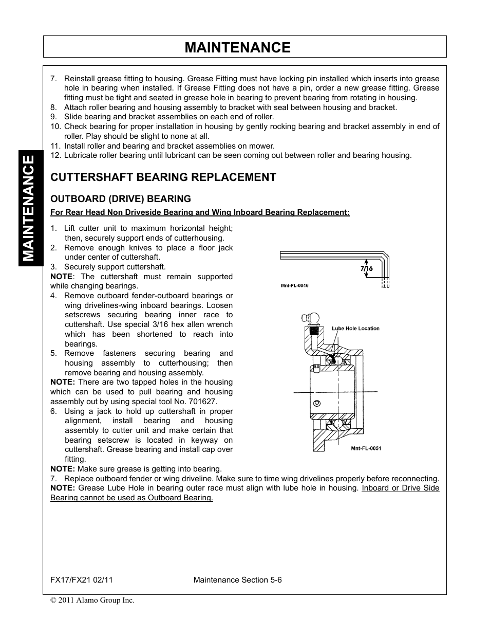 Cuttershaft bearing replacement, Securely support cuttershaft, Cuttershaft bearing replacement -6 | Maintenance | Alamo RHINO FX21 User Manual | Page 146 / 156