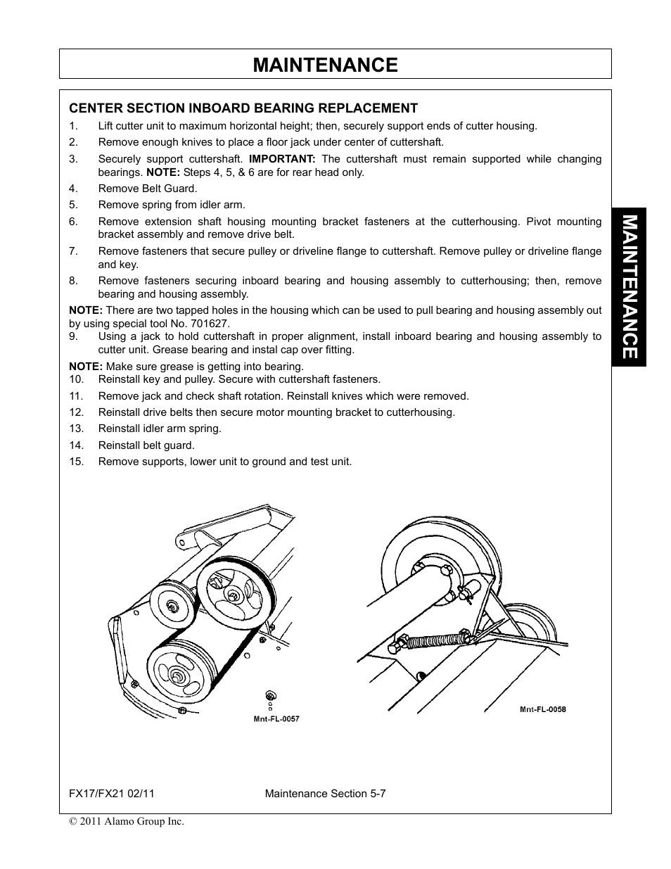 Remove belt guard, Remove spring from idler arm, Reinstall idler arm spring | Reinstall belt guard, Maintenance | Alamo RHINO FX21 User Manual | Page 147 / 156