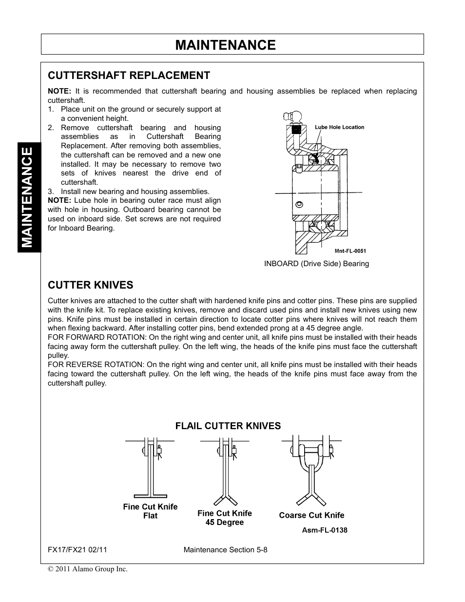 Cuttershaft replacement, Install new bearing and housing assemblies, Cutter knives | Cuttershaft replacement -8 cutter knives -8, Maintenance | Alamo RHINO FX21 User Manual | Page 148 / 156