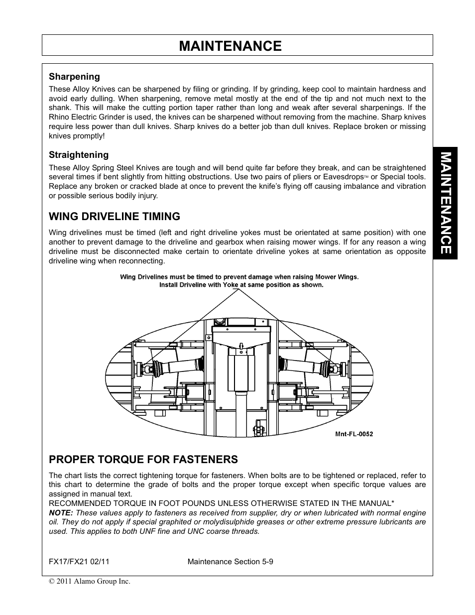 Wing driveline timing, Wing driveline timing -9, Maintenance | Proper torque for fasteners | Alamo RHINO FX21 User Manual | Page 149 / 156