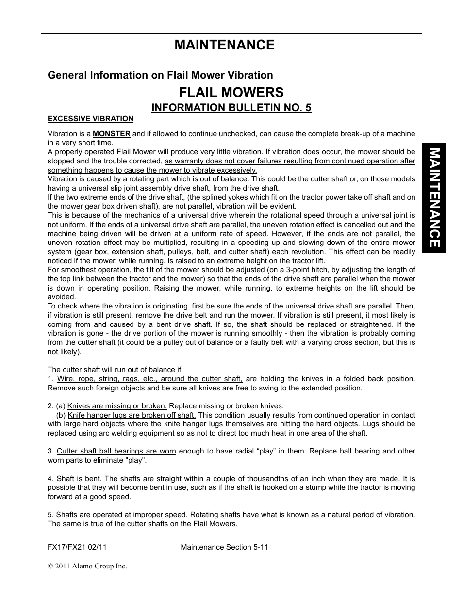 General information on flail mower vibration, Flail mowers, Information bulletin no. 5 | General information on flail mower vibration -11, Maintenance | Alamo RHINO FX21 User Manual | Page 151 / 156