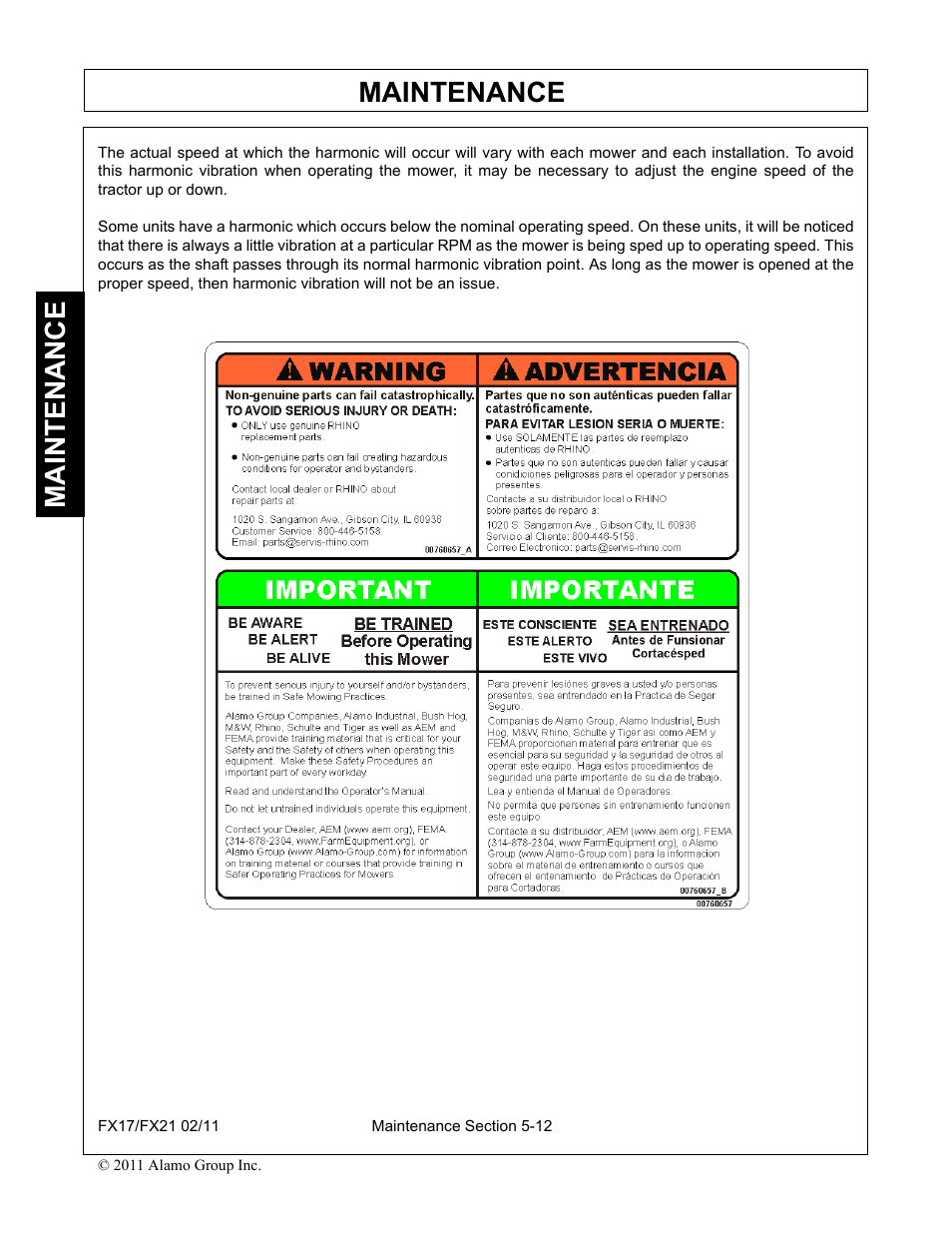 Maintenance | Alamo RHINO FX21 User Manual | Page 152 / 156