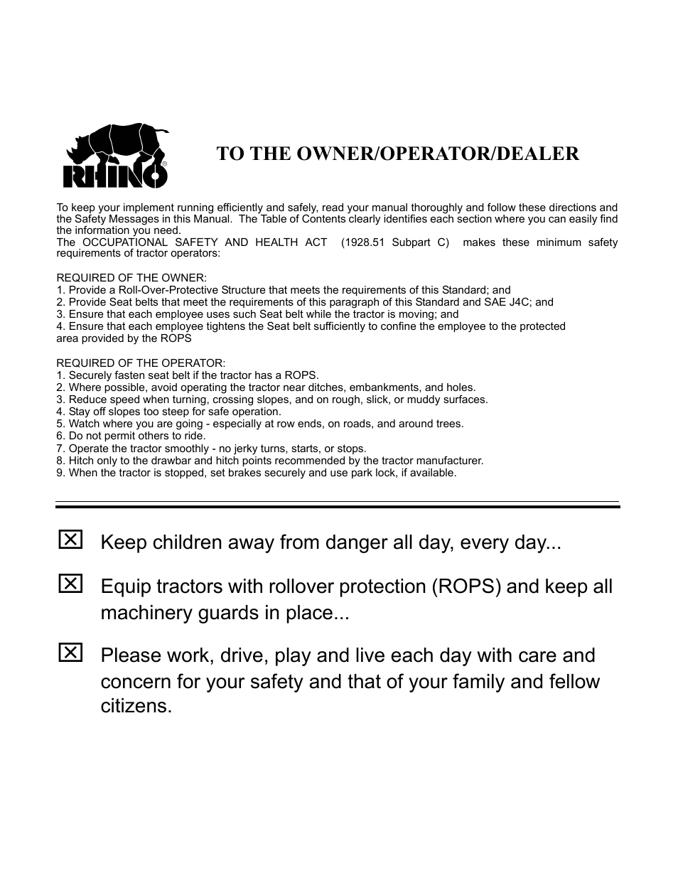 To the owner/operator/dealer, Keep children away from danger all day, every day | Alamo RHINO FX21 User Manual | Page 155 / 156