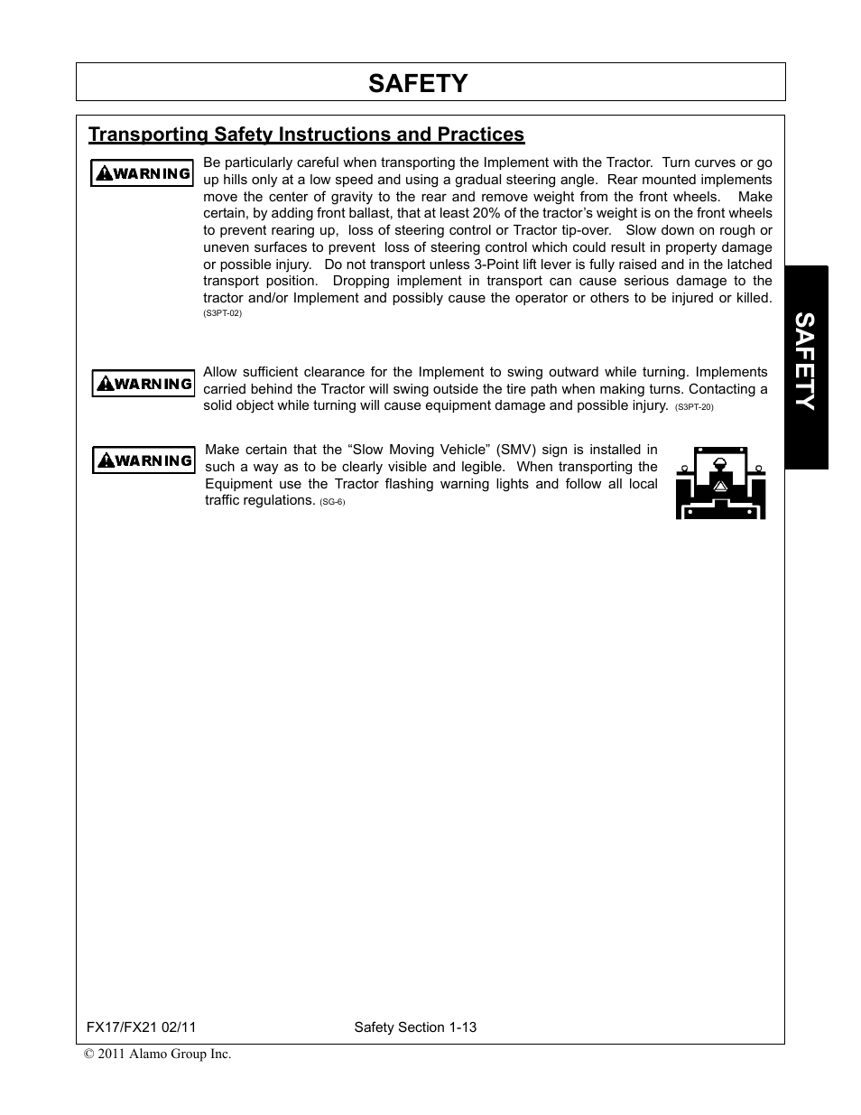 Transporting safety instructions and practices, Safety | Alamo RHINO FX21 User Manual | Page 19 / 156