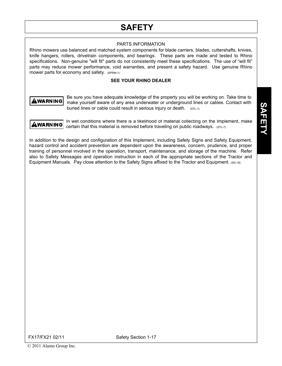 Safety | Alamo RHINO FX21 User Manual | Page 23 / 156