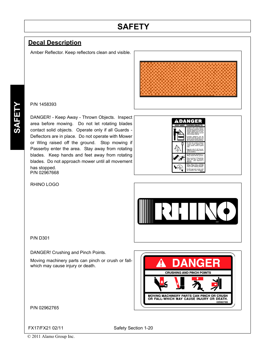 Decal description, Safety | Alamo RHINO FX21 User Manual | Page 26 / 156