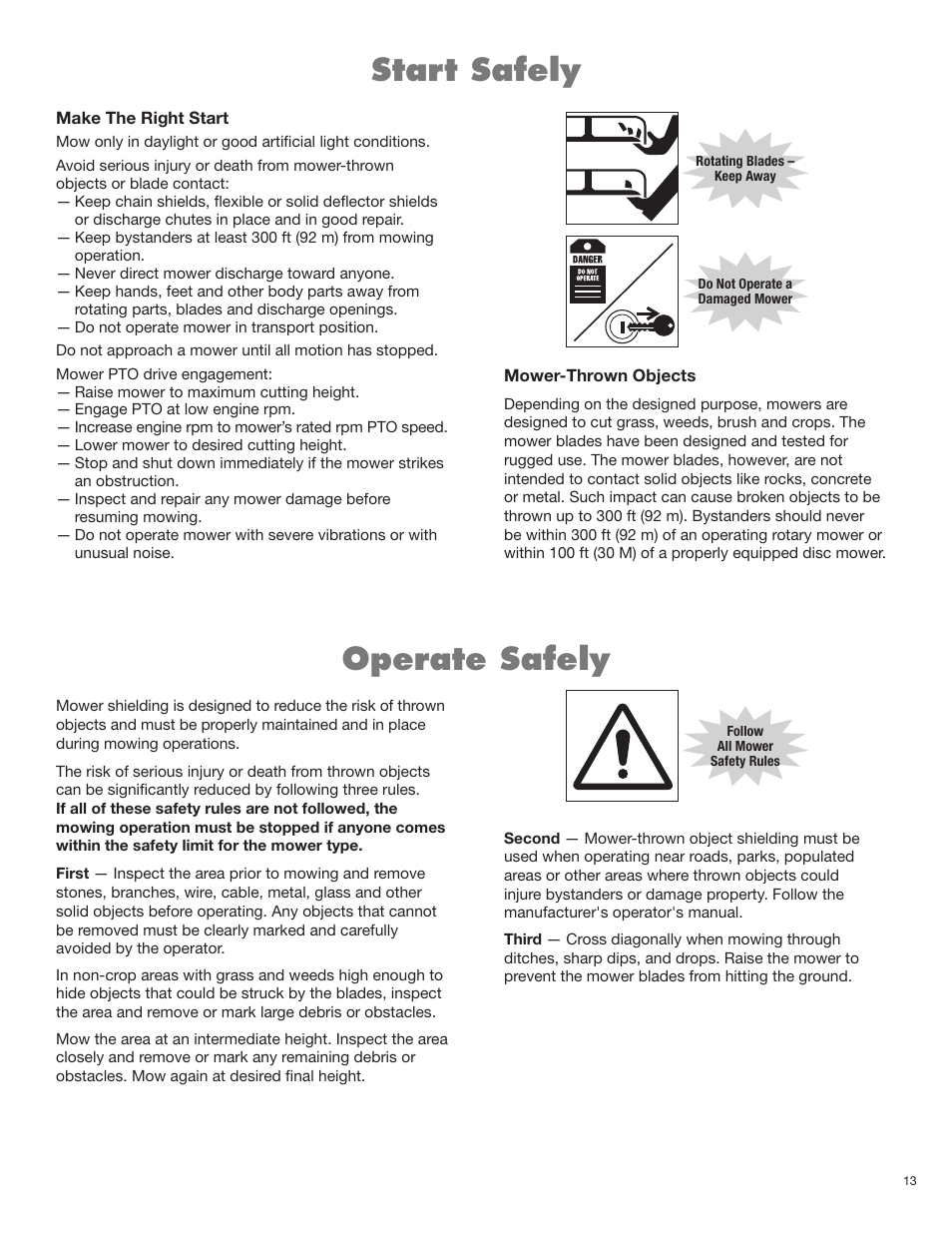 Start safely, Operate safely | Alamo RHINO FX21 User Manual | Page 49 / 156