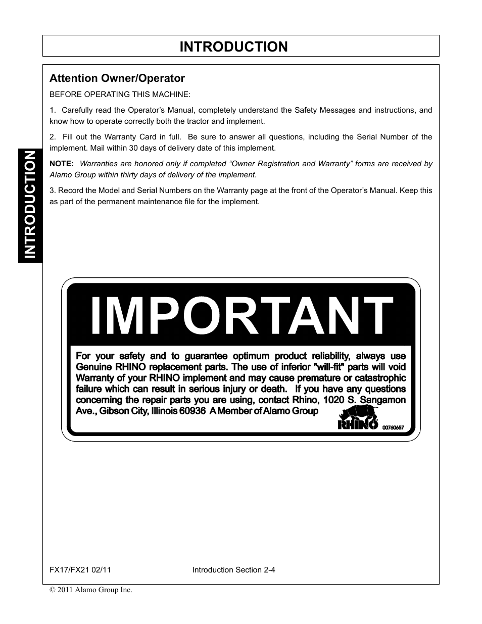 Attention owner/operator, Attention owner/operator -4, Introduction | Alamo RHINO FX21 User Manual | Page 92 / 156