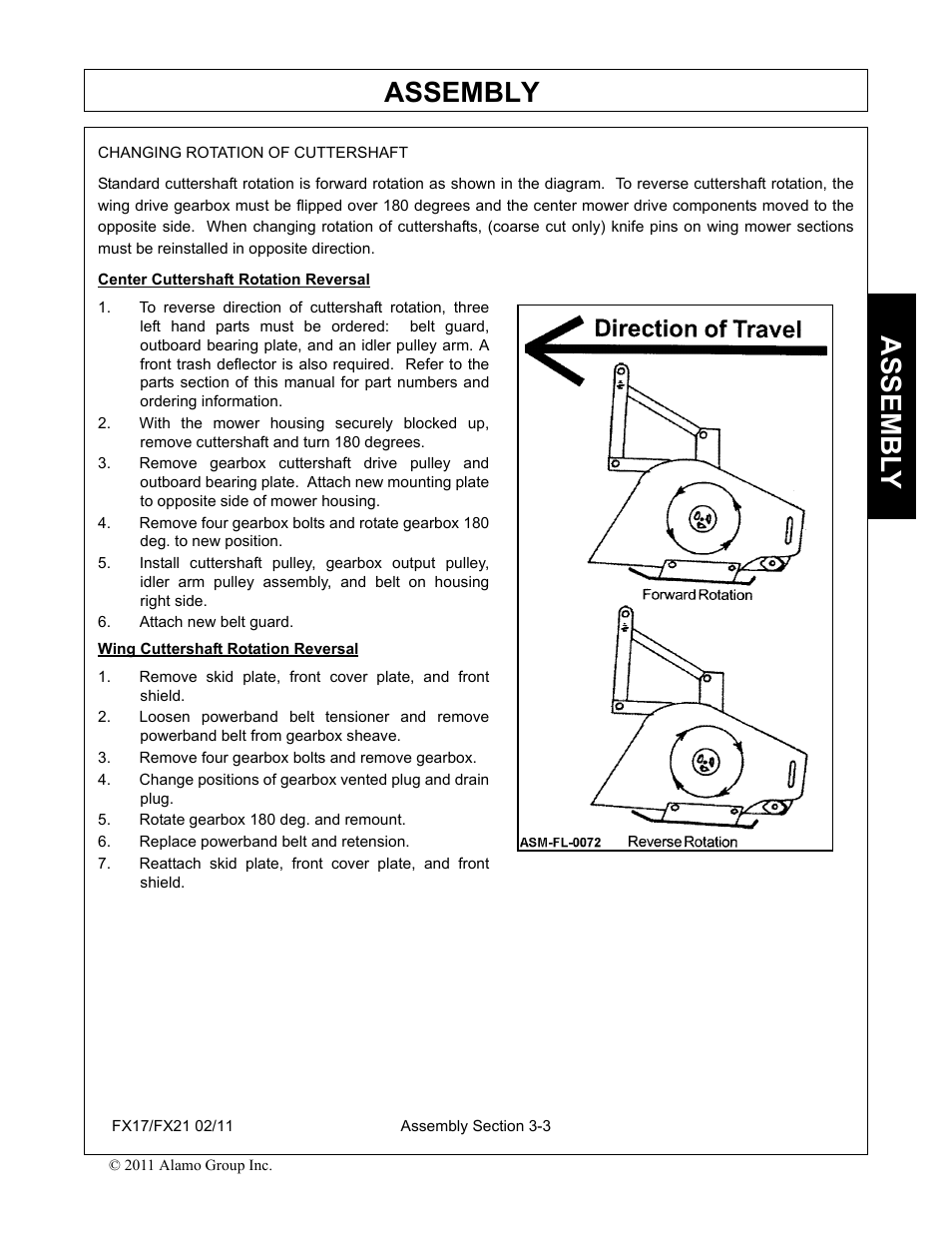 Attach new belt guard, Remove four gearbox bolts and remove gearbox, Rotate gearbox 180 deg. and remount | Replace powerband belt and retension, Assembly, Assembl y | Alamo RHINO FX21 User Manual | Page 95 / 156