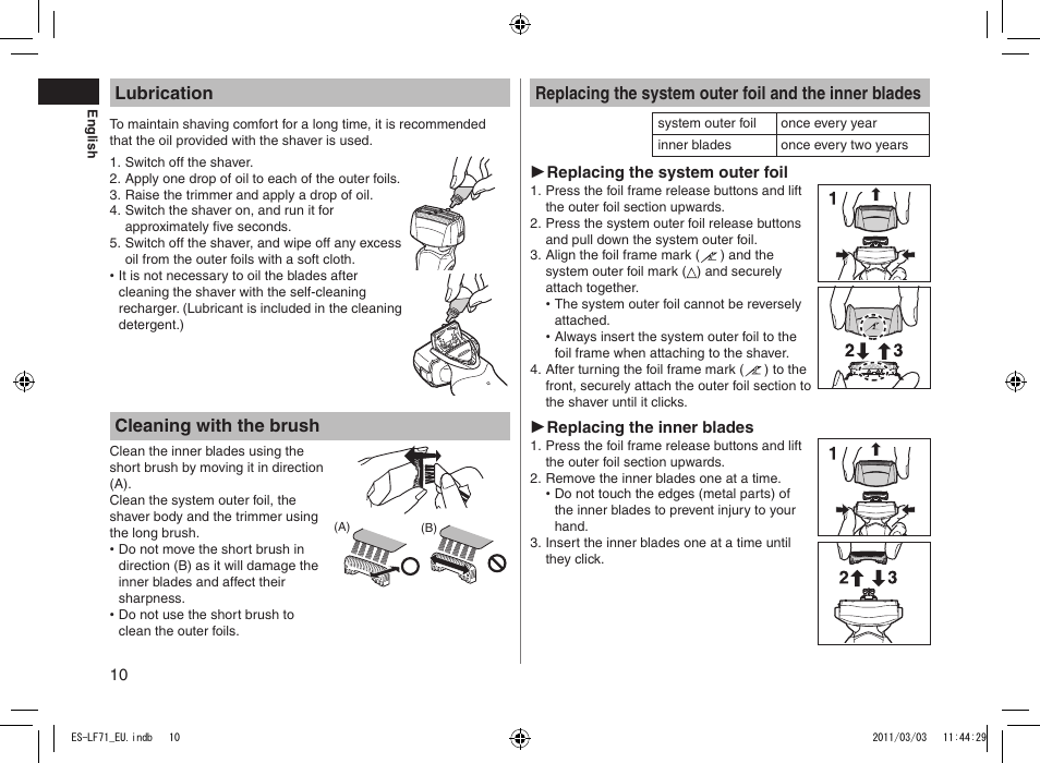 Lubrication, Cleaning with the brush | Panasonic ESLF71 User Manual | Page 10 / 192