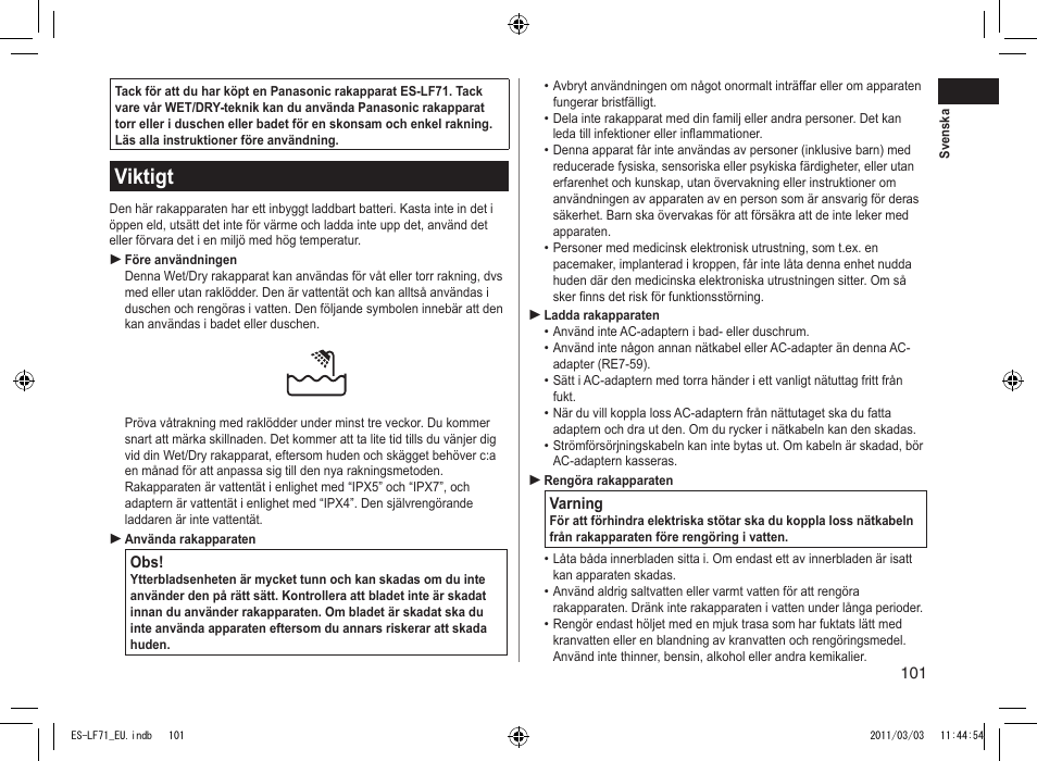 Viktigt | Panasonic ESLF71 User Manual | Page 101 / 192