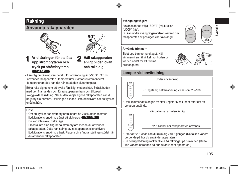 Rakning använda rakapparaten | Panasonic ESLF71 User Manual | Page 105 / 192