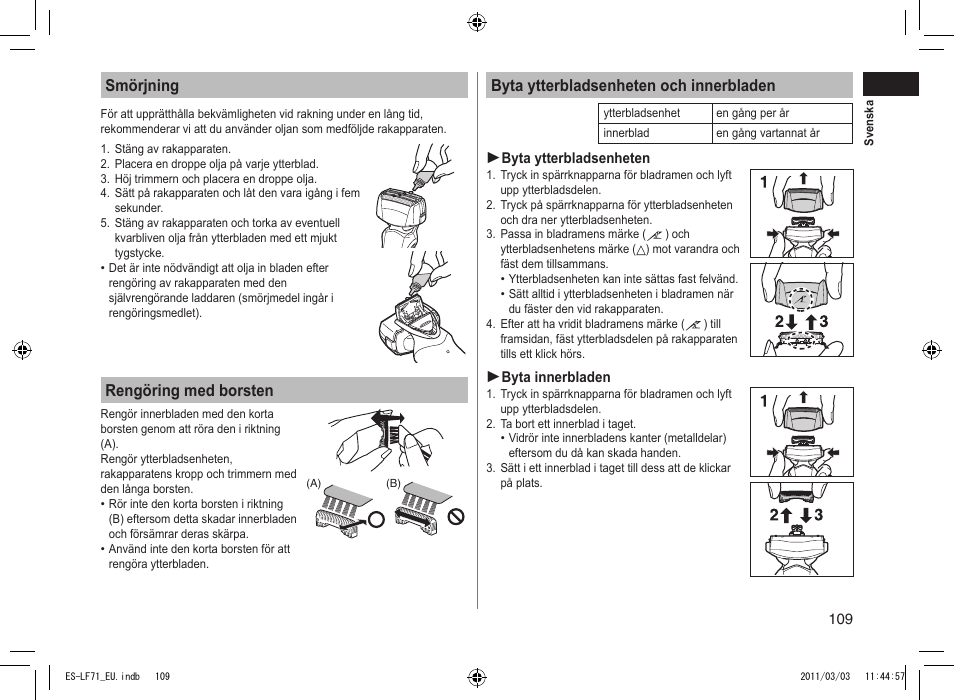 Smörjning, Rengöring med borsten, Byta ytterbladsenheten och innerbladen | Panasonic ESLF71 User Manual | Page 109 / 192
