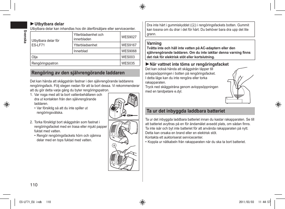 Rengöring av den självrengörande laddaren, Ta ur det inbyggda laddbara batteriet | Panasonic ESLF71 User Manual | Page 110 / 192