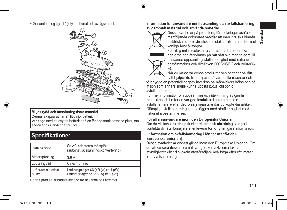 Specifikationer | Panasonic ESLF71 User Manual | Page 111 / 192