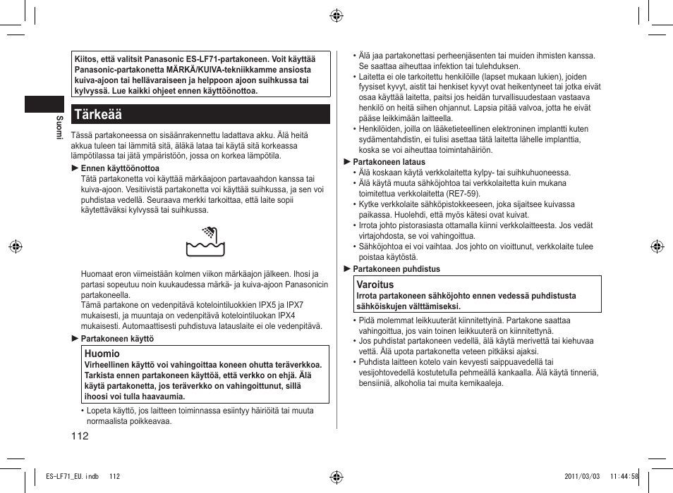 Tärkeää | Panasonic ESLF71 User Manual | Page 112 / 192