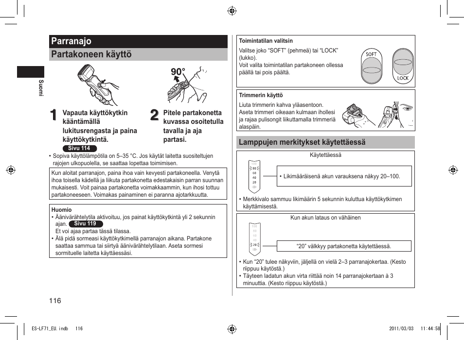 Parranajo partakoneen käyttö | Panasonic ESLF71 User Manual | Page 116 / 192